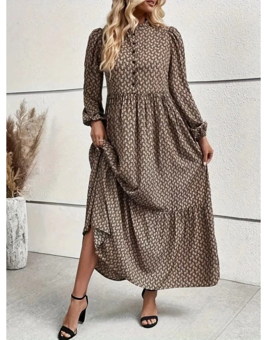 Kadın Uzun Kollu Hakim Yakalı Düğmeli Kemersiz Desenli Maxi Süprem Elbise