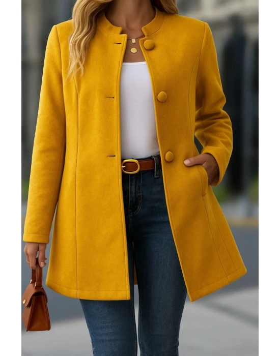 Kadın Uzun Kollu Hakim Yakalı önden Düğmeli Cep Detaylı Kısa Kaşe Kaban