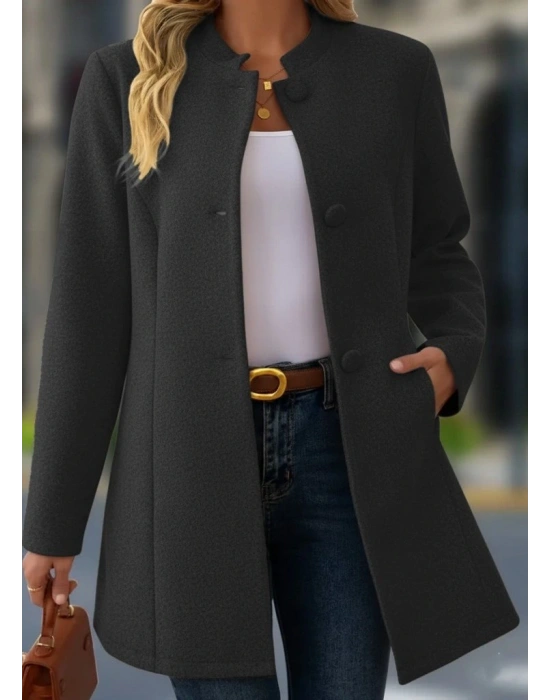 Kadın Uzun Kollu Hakim Yakalı önden Düğmeli Cep Detaylı Kısa Kaşe Kaban