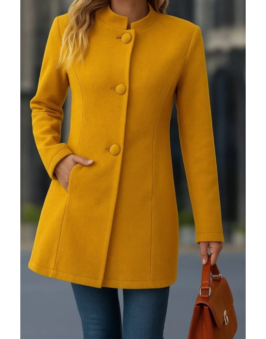 Kadın Uzun Kollu Hakim Yakalı önden Düğmeli Cep Detaylı Kısa Kaşe Kaban