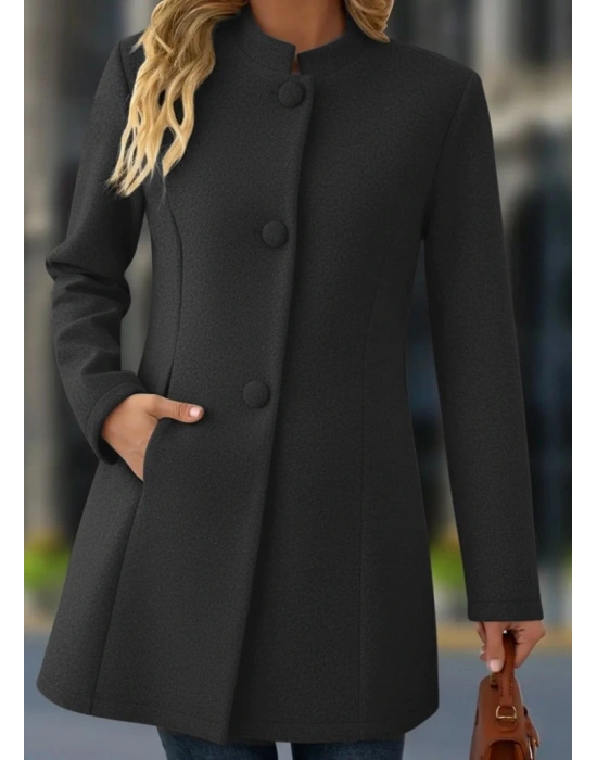 Kadın Uzun Kollu Hakim Yakalı önden Düğmeli Cep Detaylı Kısa Kaşe Kaban