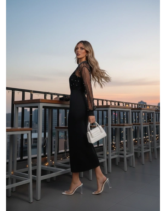 Kadın Uzun Kollu Halka Yaka Tül Inci Detaylı Uzun Ithal Krep Elbise