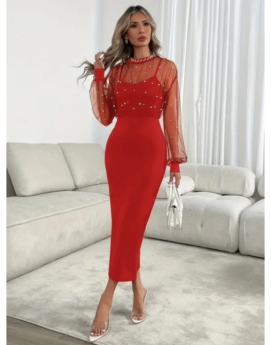 Kadın Uzun Kollu Halka Yaka Tül Inci Detaylı Uzun Ithal Krep Elbise