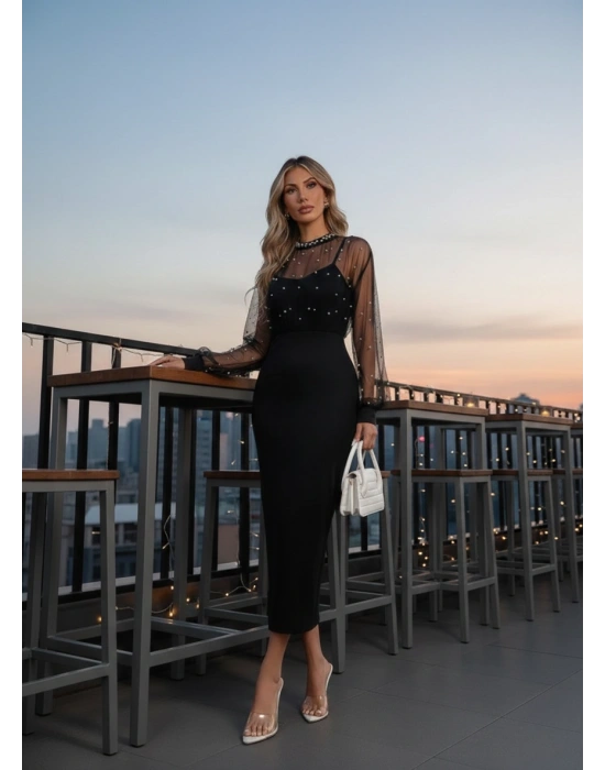 Kadın Uzun Kollu Halka Yaka Tül Inci Detaylı Uzun Ithal Krep Elbise