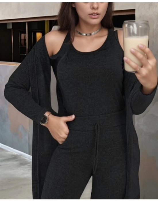 Kadın Uzun Kollu Hırka Atlet Ve Eşofman Yün Viskon üçlü Takım