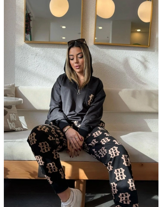 Kadın Uzun Kollu Iki Iplik Kumaş Fermuar Ve Cep Detay Kapüşonlu Ikili Takım