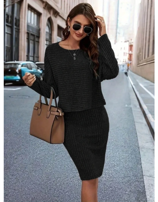 Kadın Uzun Kollu Iki Yanı Açık Yaka Detaylı Bluz Ve Etek şardonlu Kaşkorse Ikili Takım