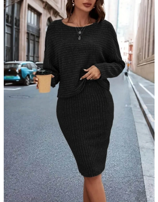 Kadın Uzun Kollu Iki Yanı Açık Yaka Detaylı Bluz Ve Etek şardonlu Kaşkorse Ikili Takım