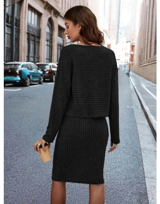 Kadın Uzun Kollu Iki Yanı Açık Yaka Detaylı Bluz Ve Etek şardonlu Kaşkorse Ikili Takım