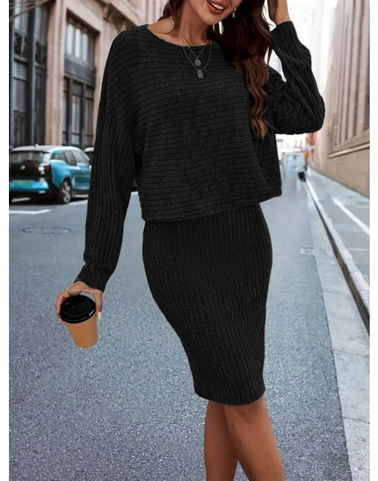 Kadın Uzun Kollu Iki Yanı Açık Yaka Detaylı Bluz Ve Etek şardonlu Kaşkorse Ikili Takım