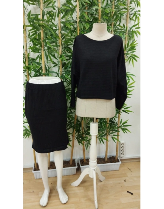 Kadın Uzun Kollu Iki Yanı Açık Yaka Detaylı Bluz Ve Etek şardonlu Kaşkorse Ikili Takım