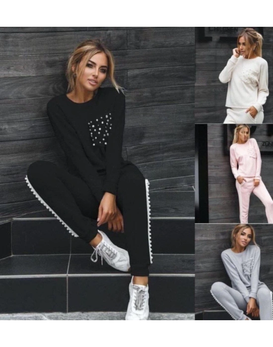 Kadın Uzun Kollu Inci Cep Detay Bluz Ve Yüksek Bel Yanı Inci şerit Detay Pantolon Eşofman Takım