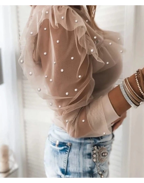 Kadın Uzun Kollu Inci Detaylı Tüllü Viskon Bluz