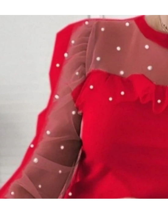 Kadın Uzun Kollu Inci Detaylı Tüllü Viskon Bluz