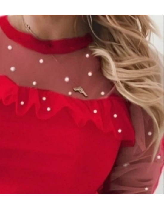 Kadın Uzun Kollu Inci Detaylı Tüllü Viskon Bluz