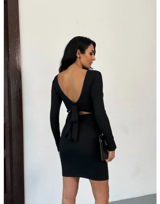 Kadın Uzun Kollu ırt Dekoltesi Ve Fiyonk Detay ini Elbise