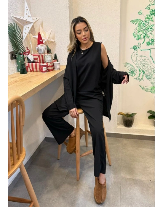 Kadın Uzun Kollu Ithal Krep Onu Açık Ceket Askılı Yuvarlak Yaka Bluz Ve Cepli Pantolon üçlü Takım