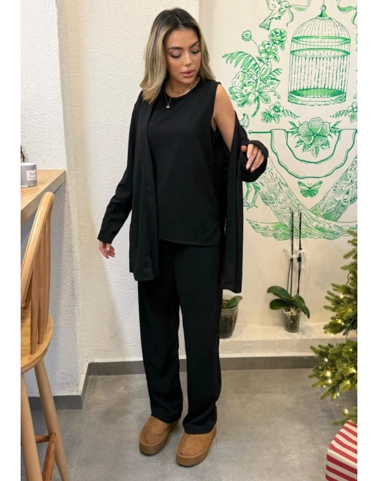 Kadın Uzun Kollu Ithal Krep Onu Açık Ceket Askılı Yuvarlak Yaka Bluz Ve Cepli Pantolon üçlü Takım