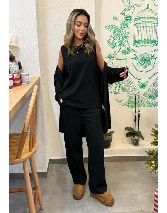 Kadın Uzun Kollu Ithal Krep Onu Açık Ceket Askılı Yuvarlak Yaka Bluz Ve Cepli Pantolon üçlü Takım