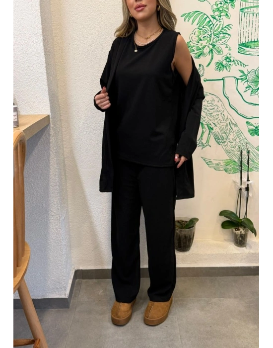 Kadın Uzun Kollu Ithal Krep Onu Açık Ceket Askılı Yuvarlak Yaka Bluz Ve Cepli Pantolon üçlü Takım