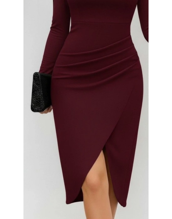 Kadın Uzun Kollu Kalp Yaka önden çapraz Detaylı Midi Ithal Krep Elbise