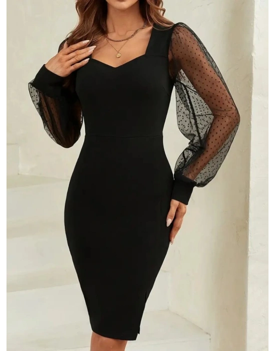 Kadın Uzun Kollu Kalp Yakalı Kol Tül Detaylı Kısa Ithal Krep Elbise