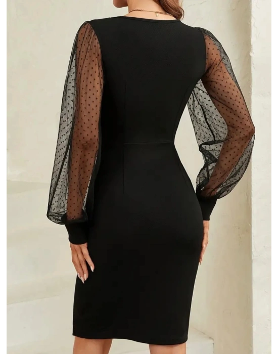 Kadın Uzun Kollu Kalp Yakalı Kol Tül Detaylı Kısa Ithal Krep Elbise