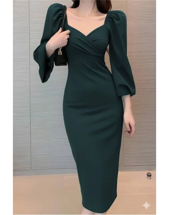 Kadın Uzun Kollu Kalp Yakalı Midi Ithal Krep Elbise