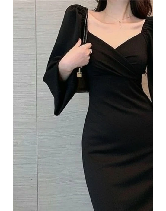 Kadın Uzun Kollu Kalp Yakalı Midi Ithal Krep Elbise