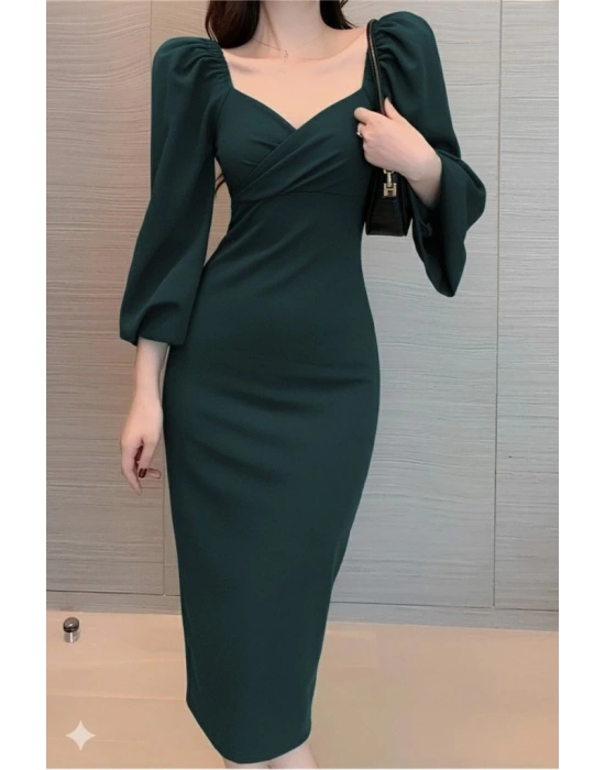 Kadın Uzun Kollu Kalp Yakalı Midi Ithal Krep Elbise