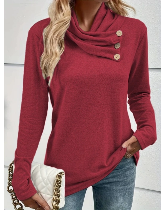 Kadın Uzun Kollu Kapişon Yaka Düğmeli Yumoş Bluz