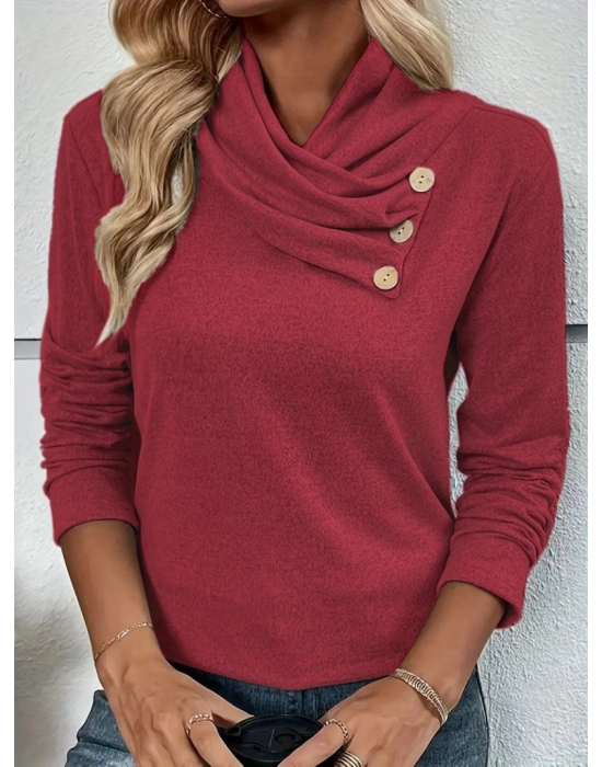 Kadın Uzun Kollu Kapişon Yaka Düğmeli Yumoş Bluz