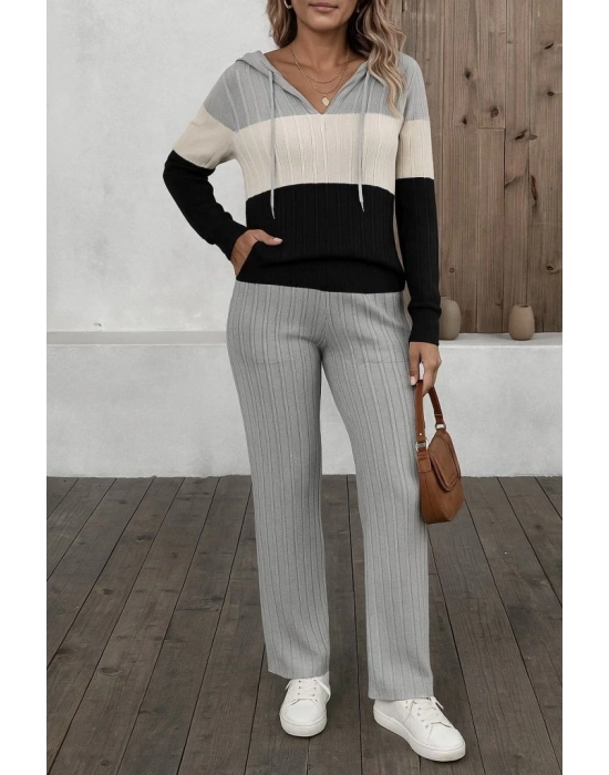 Kadın Uzun Kollu Kapşonlu Bağcıklı Blok Renkli şardonlu Kaşkorse Bluz Ve Pantolon Ikili Takım