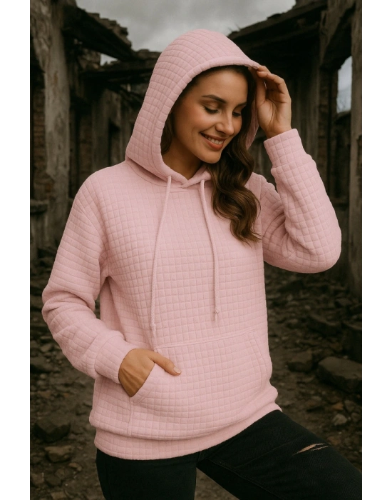 Kadın Uzun Kollu Kapşonlu Bağcıklı Cepli Capitone Sweatshirt