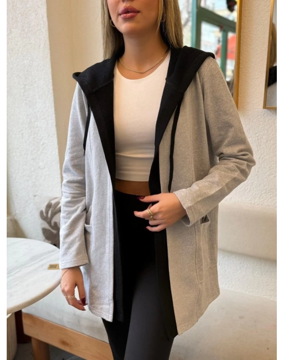 Kadın Uzun Kollu Kapşonlu Bağcıklı Cepli Iki Iplik Ceket