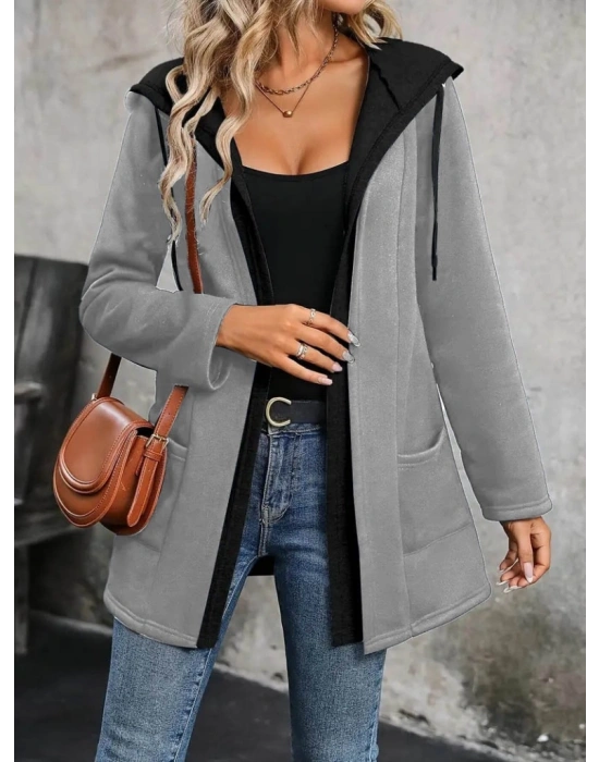 Kadın Uzun Kollu Kapşonlu Bağcıklı Cepli Iki Iplik Ceket