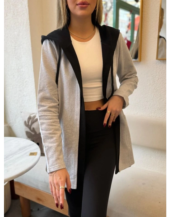 Kadın Uzun Kollu Kapşonlu Bağcıklı Cepli Iki Iplik Ceket