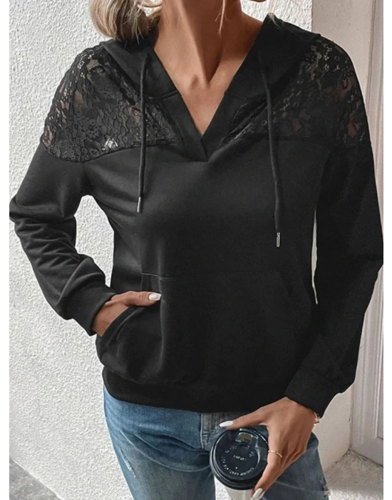 Kadın Uzun Kollu Kapşonlu Bağcıklı Dantelli Viskon Iki Iplik Bluz