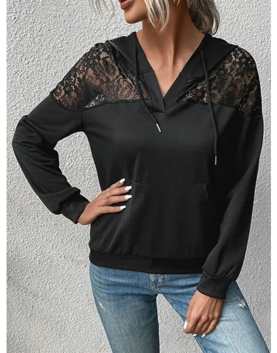 Kadın Uzun Kollu Kapşonlu Bağcıklı Dantelli Viskon Iki Iplik Bluz