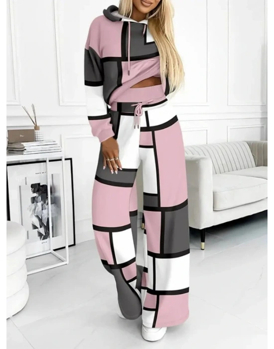 Kadın Uzun Kollu Kapşonlu Bağcıklı Desenli Iki Iplik Bluz Ve Pantolon Ikili Takım