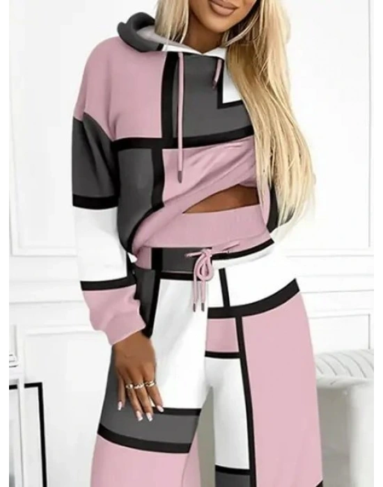 Kadın Uzun Kollu Kapşonlu Bağcıklı Desenli Iki Iplik Bluz Ve Pantolon Ikili Takım