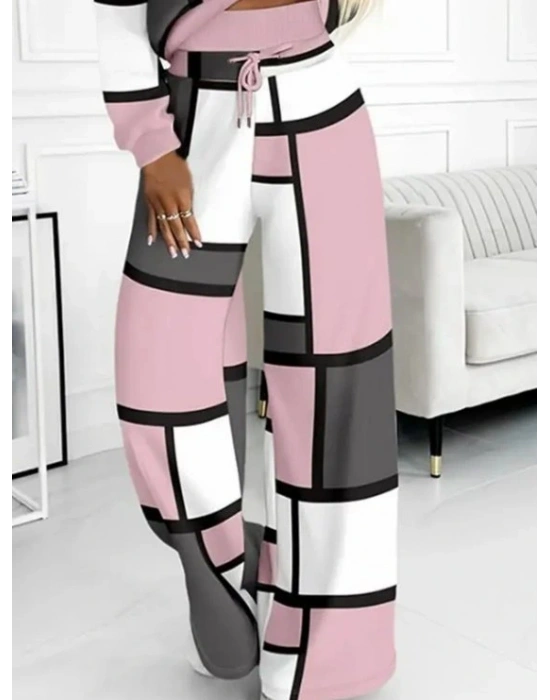 Kadın Uzun Kollu Kapşonlu Bağcıklı Desenli Iki Iplik Bluz Ve Pantolon Ikili Takım