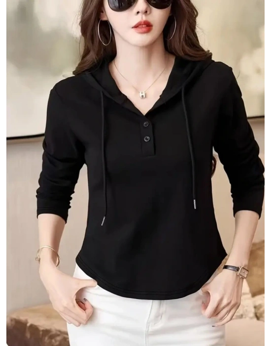 Kadın Uzun Kollu Kapşonlu Bağcıklı Düğmeli Viskon Iki Iplik Bluz