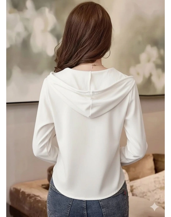 Kadın Uzun Kollu Kapşonlu Bağcıklı Düğmeli Viskon Iki Iplik Bluz