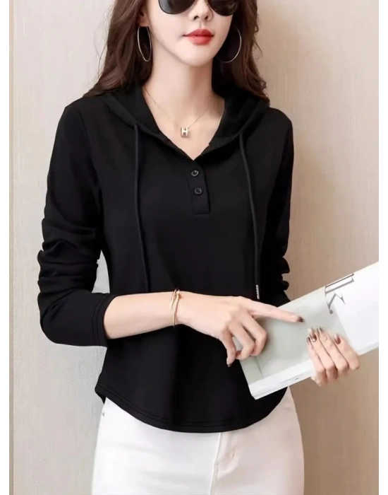 Kadın Uzun Kollu Kapşonlu Bağcıklı Düğmeli Viskon Iki Iplik Bluz