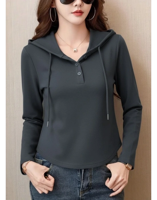 Kadın Uzun Kollu Kapşonlu Bağcıklı Düğmeli Viskon Iki Iplik Füme Bluz