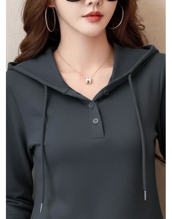 Kadın Uzun Kollu Kapşonlu Bağcıklı Düğmeli Viskon Iki Iplik Füme Bluz