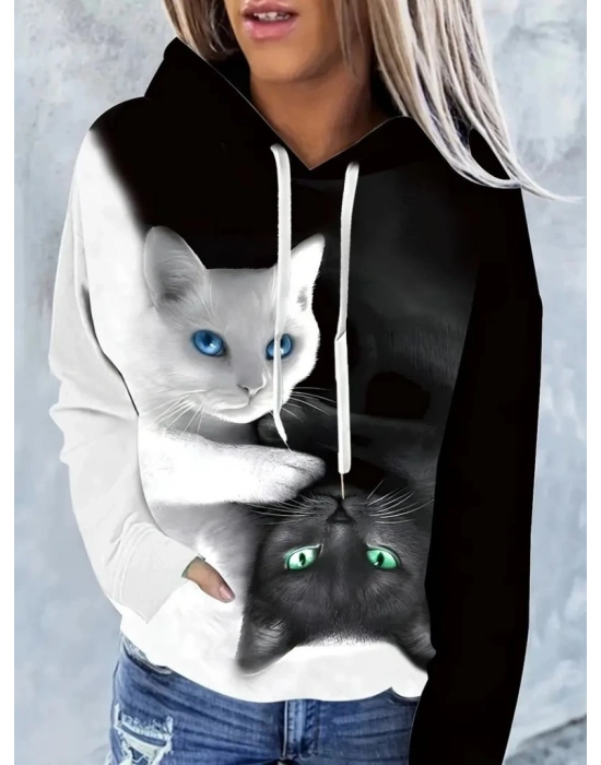 Kadın Uzun Kollu Kapşonlu Bağcıklı Kedi Desenli şardonlu Dalgıç Bluz