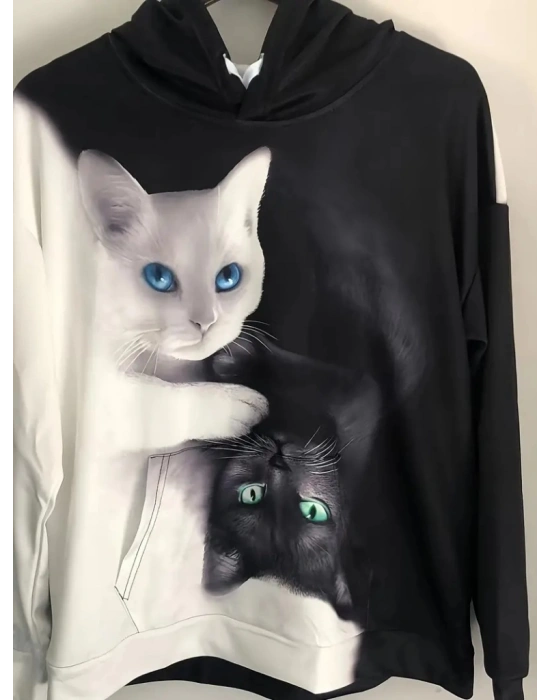 Kadın Uzun Kollu Kapşonlu Bağcıklı Kedi Desenli şardonlu Dalgıç Bluz