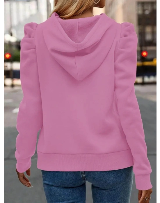 Kadın Uzun Kollu Kapşonlu Bağcıklı Kollarda Büzgü Detaylı Iki Iplik Bluz